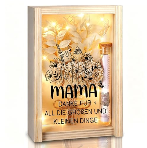 Geldgeschenk Geschenkbox für Mama, Holz Geldgeschenk Geschenkbox, Danke Mama Geschenk inklusive Trockenblumen, Holzbox, Reagenzglas, Lichterketten, Muttertagsgeschenk, Geburtstagsgeschenk (Beige)