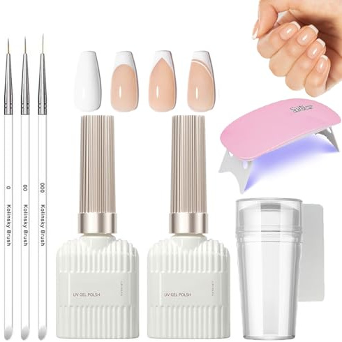 French Manicure Kit - Nude White Jelly Gel Nail Polish Set with Mini Nail Lamp - French Tip Manicure Gel Kit with Nail Art Pen and Stamper - Long Lasting UV Polish DIY Home Salon Nails (Nude)