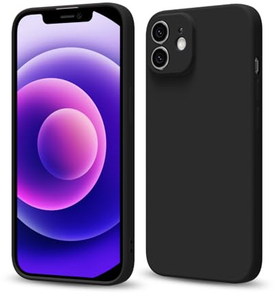 Svaove for iPhone 12 Mini Phone Case Liquid Silicone, Thin Ultra Slim Minimalist Phone Cover, Girly Cute Plain Bright Solid Color Matte Soft Rubber Jelly Gel Plastic TPU Bumper, Black
