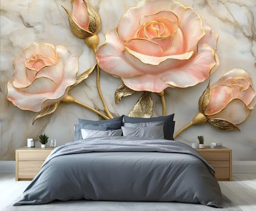 YXQAIED Rose Wallpaper, Floral Bedroom Wallpaper, Embossed Rose Wall Paper for Living Room, Not Self Adhesive Rose Gold Marble Photo 3D Wall Murals & Room Decor 350x256cm
