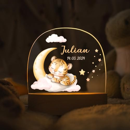 GRAVURZEILE Personalisiertes LED Nachtlicht für Kinder - Schlafende Tiere Tiger - Personalisiert mit Name - Baby Lampe - Geschenk zur Geburt, Taufe & Geburtstag für Jungen & Mädchen