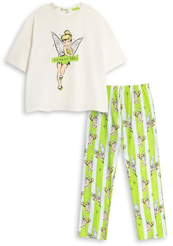 Disney Pyjama Vert à Manches Courtes et Jambes Longues Fée Clochette pour Femme | Pyjama rayé avec Motif Fée Clochette | Vêtements de Nuit Confortables | Produits