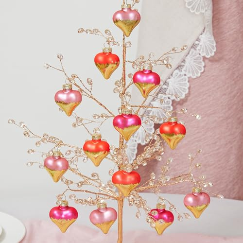 DN DECONATION 12-teiliges Set Weihnachtskugeln Herzform, Glas Herz-Anhänger mit Goldfolie in Zartrosa, Korallenrot und Rosérot für Christbaum als Geschenk zu Weihnachten, Valentinstag und Hochzeit