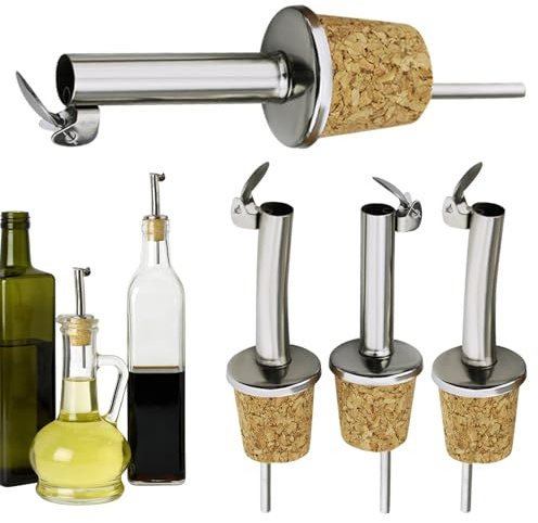 4 Pack Stainless Steel Cork Olive Oil Drizzler with Hinged Flip Top Cap Ideal Oil Pourer Spout, Soy Sauce Dispenser for Wine, Liquor, Coffee, Syrup & Vinegar Dispenser Bottles