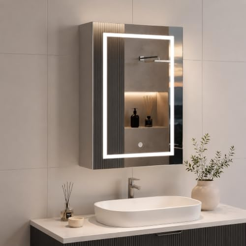 HFASD Spiegelschrank Bad Mit Beleuchtung, Badschrank 50cm Breit, Alibertschrank Bad Mit Spiegel Und Ablage Verstellbarer, Badezimmer Spiegelschrank, Spiegelschränke Fürs Bad, Hängeschrank, Einzeltür