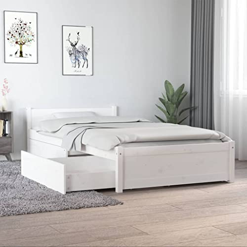 Bucmath Holzbettgestell Weiß 90x190 cm, Massiv Kiefernholz Bettrahmen mit 2 Schubladen, Einzelbett für Schlafzimmer, Stauraumbett Modernes Design
