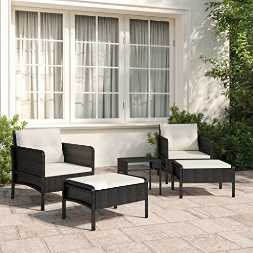 Mandloder 5-TLG. Garten-Lounge-Set, Schwarz Poly Rattan mit Kissen, Outdoor Möbel für Terrasse Balkon, Metallrahmen, 2 Stühle, 2 Hocker, Couchtisch, Gartenmöbel Set