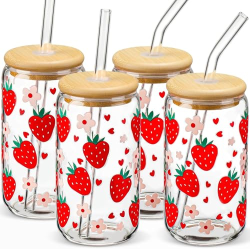 MHDCLY Glass Cups with Lids and Straws - Strawberry Design 4 Pcs, 16 oz Clear Drinking Glasses Set, Tumbler, Cute Iced Coffee Cups