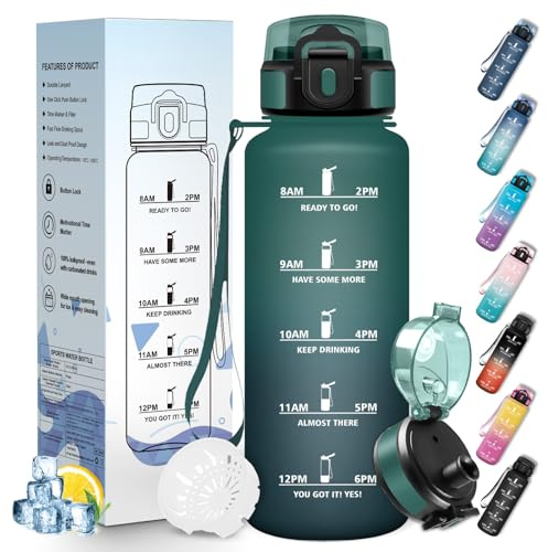 Mulbijeo Trinkflasche Sport, Auslaufsicher 1500 ML, Wasserflasche, Zeitmarkierung und Motivierende, Trinkflasche Kohlensäure Geeignet Dunkelgrün & Dunkelgrau