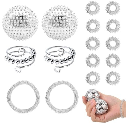 2 Stk Igelball Massage + 10 Stk Kleine Akupressur Ring Finger + 2 Große Massage Bracelets + 2 Ringe, Akupressurring Finger Massageringe,Für Stress Relief Oder Massage Hilft (Silber)