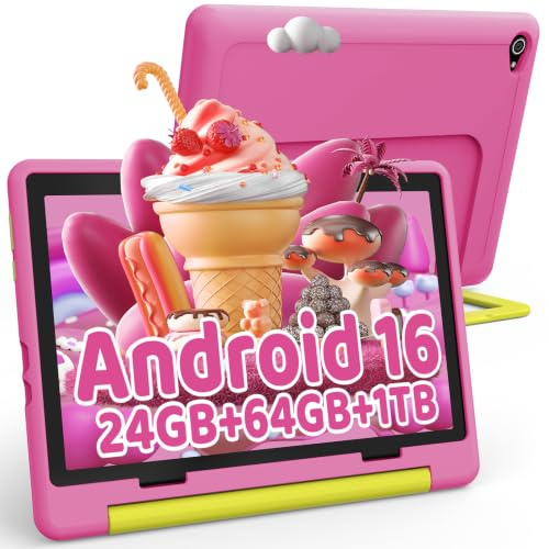 Ainmel Android 16 Kinder Tablet, 10.1 Zoll Tablet für Kinder, 24GB+64GB(erweiterbar auf 1TB), 6000mAh, Kindersicherung, WiFi 6, Bluetooth 5.4, Widevine L1, kindersicheres Gehäuse (Rosa)
