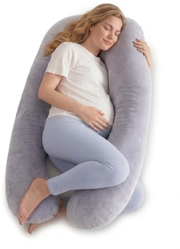 Momcozy U-Lite Schwangerschaftskissen Kristallvelours 130cm Grau | Seitenschläferkissen, abnehmbarer Kristallvelours-Bezug, maschinenwaschbar, platzsparend, 130 cm, OEKO-TEX zertifiziert