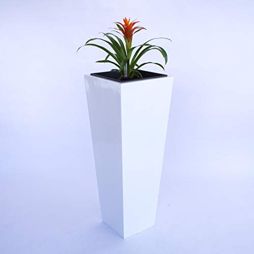 Eleganteinrichten Pflanzkübel, Blumenkübel Fiberglas säule konisch 38x38x100cm Hochglanz weiß.