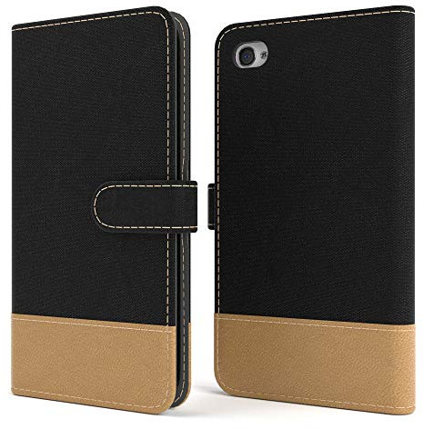 EAZY CASE Tasche kompatibel mit iPhone 4 / 4S Stoff Schutzhülle mit Standfunktion Klapphülle im Bookstyle, Handytasche Handyhülle Flip Cover mit Magnetverschluss und Kartenfach, Kunstleder, Schwarz