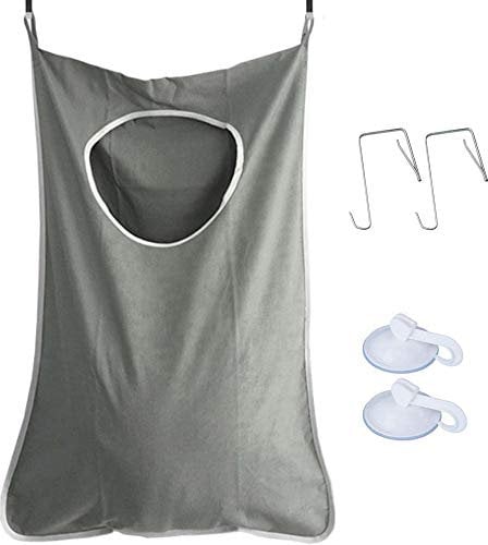 Uniuooi Door-Hanging Laundry Hamper Bag Grey, Foldable & Space Saving Corner Laundry Organiser with 2PCS Stainless Steel Door Hooks 2PCS Suction Hooks