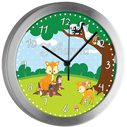 CreaDesign Kinder Funkwanduhr mit (Wunsch) Namen | Kinderzimmer Funkuhr| mit Analog ? Ziffernblatt | geräuscharm | Wanduhr Kind | Motiv Waldtiere