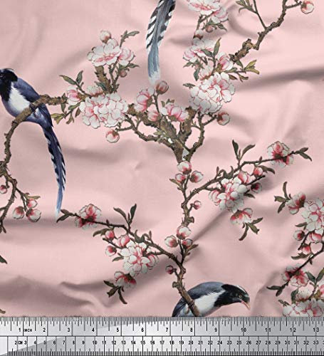 Soimoi Rosa Baumwoll-Popeline, Stoff Blumen & Paradise Whydah Vogel-Dekor-Stoff gedruckt Meter 42 Zoll breit