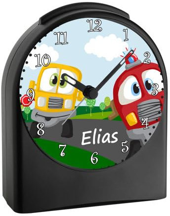 CreaDesign, WU-50-1094, Auto-Cartoon, analog Kinderwecker schwarz, Funkwecker ohne Ticken, mit Licht, personalisiert mit Namen, 9,6 x 5,5 x 11,9 cm, 104 g