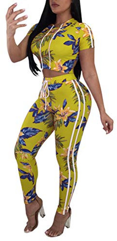 Huixin Damen Jogginganzug Skinny Flower Gedruckt Kurzarm Crop Oberteile Jogginghosen Gestreift Innenliegender Tunnelzug Zur Sportbekleidung Set Yoga Sport Workout (Gelb,S)