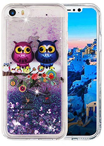 COTDINFOR iPhone 5S Hülle Cute Glitzer Handyhülle Sparkle Bling Flüssigkeit Treibsand Schutzhülle Stoßfest Weich Silikon Etui für iPhone 5 / 5S / SE Blue-Violet CP Birds XYLS.