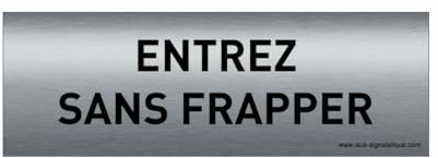 AUA SIGNALETIQUE - Plaque de porte Aluminium brossé imprimé AluSign Texte - 150x50 mm - Double Face adhésif au dos (Entrez sans frapper)