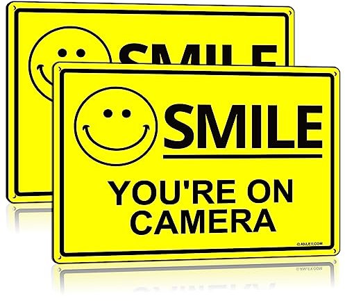 ANLEY Smile You're on Camera -Schild 17,8 x 25,4 cm 40 mm dickes, rostfreies wetterfestes Aluminium Videoüberwachungs Sicherheits Metallwarnschild für Zuhause, Geschäft, Innen-/Außenbereich (2 Stück)
