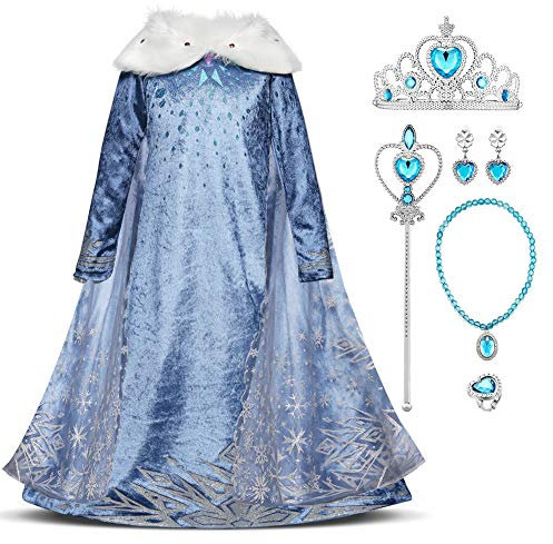 Mädchen Elsa Kostüm Eiskönigin Kleid Kinder Schneekönigin Cosplay Prinzessinenkleid Karneval Fasching Verkleidung Eisprinzessin Weihnachten Halloween Partykleid Geburtstagskleid mit Zubehör 3-4 Jahre