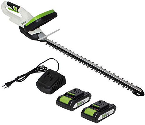 TRUTZHOLM Akku Heckenschere 20V/2,0Ah mit 2 Akkus und Schnellladegerät, 52cm Schnittlänge, 65mm Schnittbreite, 10mm Aststärke, drehbarer Griff 180°, Messeranstoßschutz, 40min Laufzeit, 2,5kg leicht