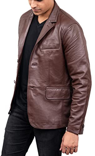 Jild Lammfell-Lederjacke für Herren, lässiger Mantel, gekerbter Kragen, klassischer Bond-Stil, ultimativer Lederblazer für Herren, Braun 2b, L