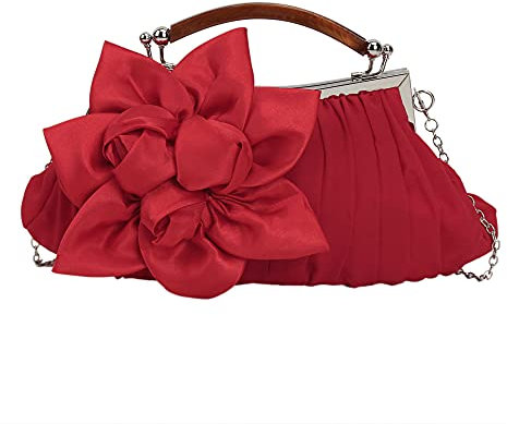 MEGAUK Damen Elegante Handtasche Blumen Clutch Satin Abendtasche Henkeltasche Crossbody Bag mit Kette Kisslock Design, Rot