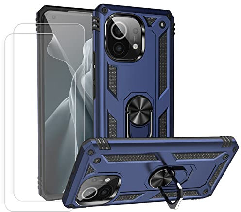 JOYTAG Hülle für Xiaomi Mi 11/Mi 11 5G Hülle,handyHülle+Schutzfolie [2 Stück] Silikon TPU 360 Grad Drehring aus Halter magnetisch Autotelefon case-Blau