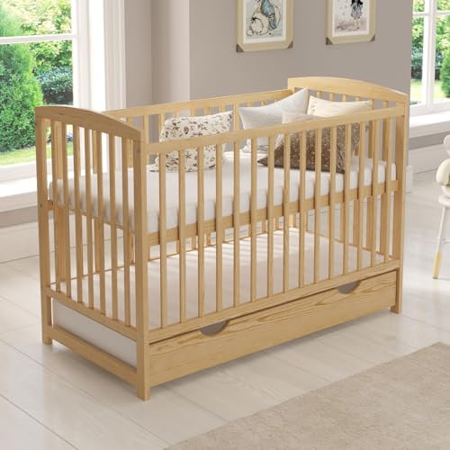 Love For Sleep JACOB Baby Cot Bed 120x60cm with Quilted Microfiber Foam Mattress – Convertible Wooden Toddler Bed with Large Drawer with Anti-Dust Cover, Guard Rail and Teething Rails (Pine)