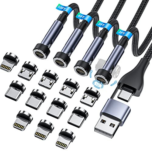 Ankndo Lot de 4 câbles de charge magnétiques 5 en 1, rotation à 540 ° pour téléphone portable, 0,9 m, 0,9 m, 1,8 m, 3 m, câble magnétique USB A/Type C, chargeur magnétique pour appareil i-P/Micro