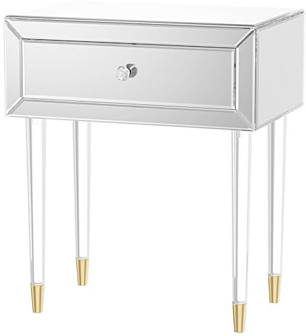 MUIITY Spiegelter Nachttisch Moderner Beistelltisch mit Schublade Nachttische mit Acrylbeinen für Schlafzimmer Wohnzimmer Silber
