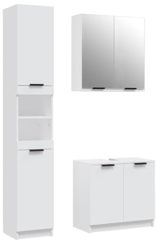 vidaXL Badmöbel Set 3-TLG. Unterschrank Hochschrank Badschrank Badezimmerschrank Wandschrank Spiegelschrank Badezimmermöbel Weiß Holzwerkstoff