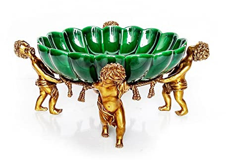 High-end Fruit Bowl, Vintage Luxury Ceramic Dried Fruits Plate with Brass Pedestal, Green Snacks Nuts Storage Tray