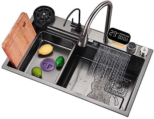 Fregadero De Cocina, Fregadero De Cascada Raindance, Fregadero De Acero Inoxidable, Fregadero De Cocina Inteligente Con Grifo Extraíble Incluye Kit De Plomería Completo ( Size : 80x46x23.5cm/30x18x9