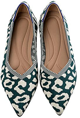 MACHSWON Women’s Ballet Dressy Flats Pointed Toe Knit Dress Shoes Slip On Casual Foldable Ballerina Walking Shoes (Green Leopard, Size 6)