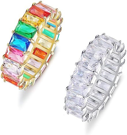 Dochais 2 Stück Stein Ring mit Zirkonia Kristallen Zirkonia Ring Gold eingestellt Eternity Rechteck Damen Silber Stein Ring Frauen Paar Ring Mädchen Band Stapelbare Geometrischer Ringe Silver Größe 9