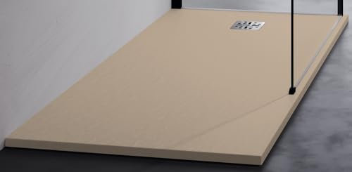 Novellini Novomatt Piatto Doccia 140x80 Altezza 3 cm Tortora Ultrapiatto Sottile Installazione Appoggio Sagomabile Tagliabile Mineralsolid Superficie Texture Effetto Pietra Compreso Copripiletta