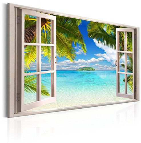 murando - Wandbilder Fensterblick Vlies Leinwandbild 1 tlg Kunstdruck modern Wandbilder XXL Wanddekoration Design Wand Bild - Fenster Insel Meer See Strand Himmel Landschaft Natur