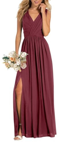 Damen V-Ausschnitt Brautjungfernkleider für Hochzeit Split A Linie Lange Formelle Kleider mit Taschen, Desert Rose, 36