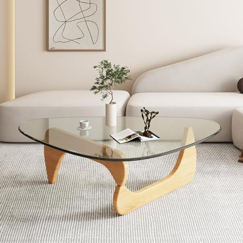 PRITIY Mesa de Centro de Cristal, Mesita de Salón o Comedor, Madera, Moderna Mesa de Salón Mesas de Café Mesa de Cristal Superficie de Vidrio Templado, Coffee Table Wood + Transparent 82 × 57 ×40cm