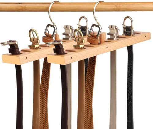 LMSAWK 2 Stück Holzgürtel-Aufhänger, 360 Grad Drehbar Gürtelhalter, Kleiderbügel für Gürtel, 10 Fächer, für Schrank, Holzfarbe