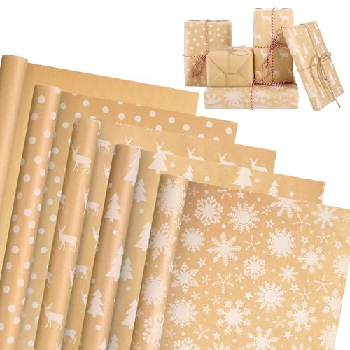 GWHOLE Papier Cadeau Rouleau 43cm×15m Rouleau Papier Cadeau Noel 80g Papier Kraft Durable Equipé de Deux Fils de Coton de Cinq Mètres Pour Emballage Cadeaux, DIY, Noël, Décoration