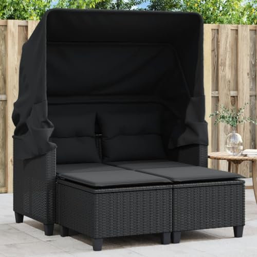 Homgoday Gartensofa 2-Sitzer mit Dach und Hockern Gartenlounge Set Balkonsofa Rattansofa Gartensofa Loungesofa Terrassensofa Lounge Sofa Sitzgruppe Gartenset Schwarz Poly Rattan