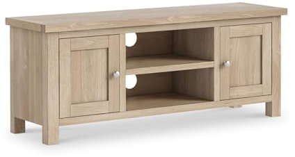 Farrow Oak 120cm Large TV Unit for Living Room | Roseland Furniture Solid Wooden Washed Oak Television Table with Cabinet Storage Suitable for Widescreens| Fully Assembled