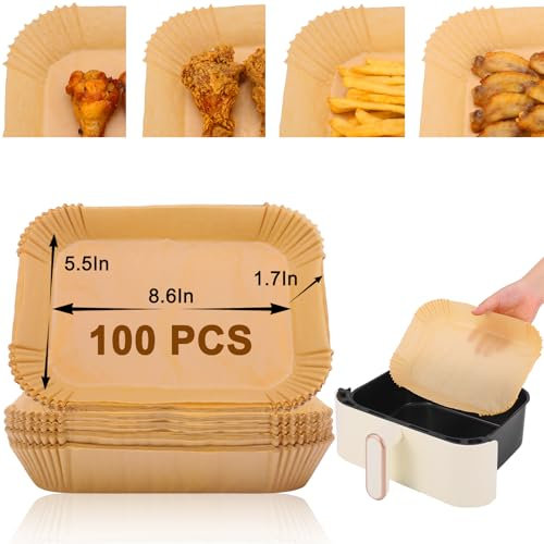 Lwansny Backpapier für Heißluftfritteuse 100 Stück,14-22cm Airfryer Backpapier,40g Heißluftfritteuse Backpapier,Airfryer Zubehör,Für Heißluftfritteusen mit rechteckiger Auskleidung