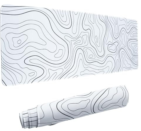 Large Mouse Pad,Topographic Contour Gaming Mouse Mat, Extended XL Mousepad with Non-Slip Rubber Base,Office Full Desk Mat with Stitched Edges,Long Keyboard Mouse Pad,31.5×11.8×0.12 inch(White)