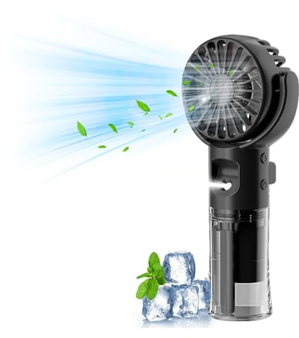 Handventilator Mit Wasser | Tragbarer Handventilator USB Wiederaufladbar | Hand Fan Mit 4 Geschwindigkeiten | 800 MAh Powerbank Batteriebetrieben Max 12 Hrs Runtime Taschenventilator (Schwarz)